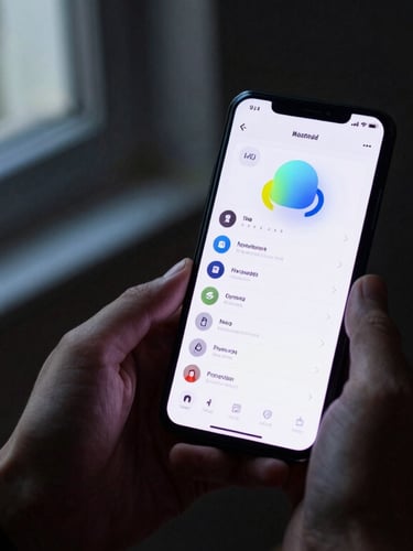 Over-the-shoulder shot of hands holding an Android phone, clean Material You system settings visible on screen, moody ambient light from a window, 50mm