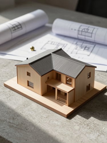 Eye-level studio shot of a residential architectural model resting on a desk beside rolled drawings and a small brass pin, directional daylight from the left casting a long shadow across the model's roof plane, timber and resin surfaces visible, neutral concrete worktop