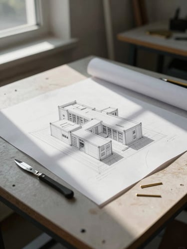Wide eye-level view of a studio worktable with an architectural maquette in progress, unrolled drawings pinned beside it, scalpel and brass pins resting on the surface, directional window light from the left casting long precise shadows, cool neutral workspace