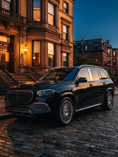 Cinematic wide angle of a polished black luxury SUV parked at dusk in front of a historic Boston building, golden hour reflections on pristine chrome, 35mm anamorphic