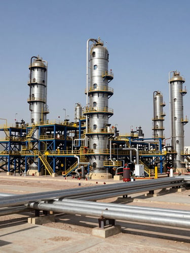 Wide-angle architectural shot of a massive oil and gas refinery in Oman under bright natural daylight, crisp high-contrast shadows, steel pipelines stretching across the frame, deep navy and gold accents