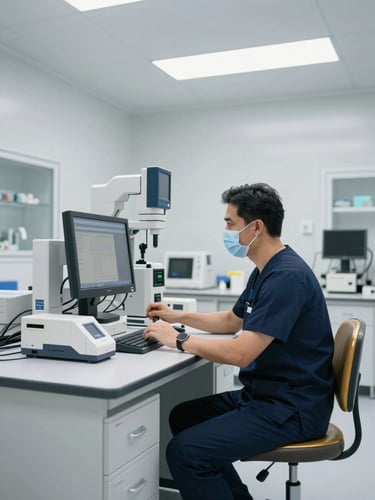 A clean-room clinical environment with a professional healthcare specialist in scrubs examining high-tech equipment under soft natural daylight, sharp focus, clinical precision.