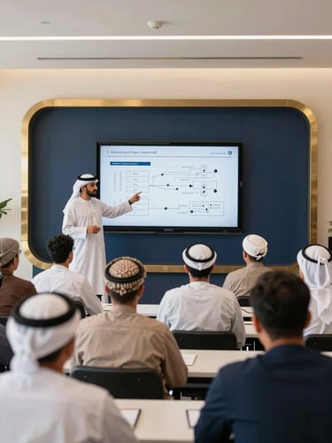 A modern corporate training seminar in Muscat, an instructor presenting technical diagrams on a clean screen to professional Omani corporate students, warm natural light.
