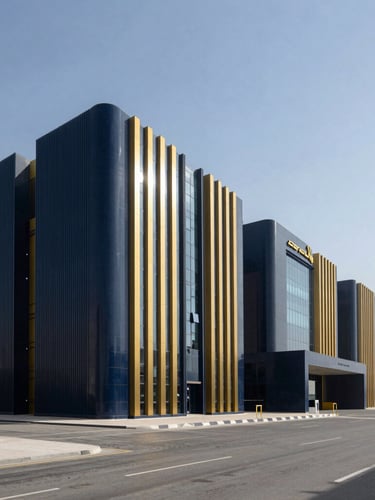 Wide-angle architectural shot of a modern, state-of-the-art logistics hub and smart building in Muscat under crisp Omani daylight, deep navy and gold accents, editorial depth of field.