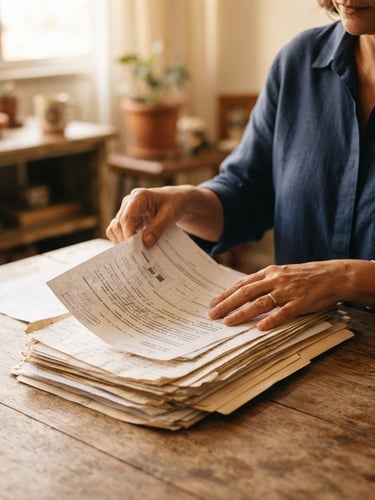Close-up of hands organizing paper documents on a clean wooden table, soft natural daylight, shallow depth of field, dignified atmosphere