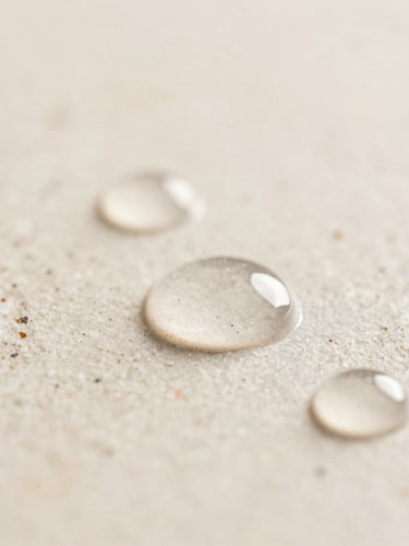 Macro shot of clean, translucent peptide serum droplets on a warm textured stone surface, clinical lighting, shallow depth of field, 35mm