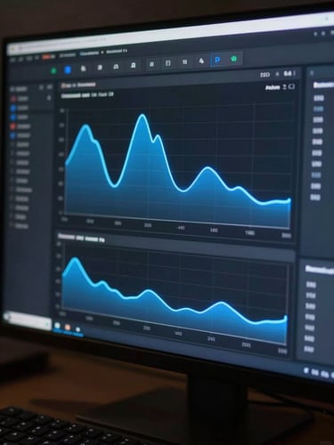 Close-crop of a dark SEO analytics dashboard interface, electric blue rank-tracking graph lines glowing against a near-black UI surface, keyboard visible at bottom edge, cool monitor light, no faces