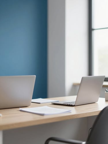 Bright editorial photography of a modern home office, soft natural daylight, clean corporate blue and neutral tones, shallow depth of field, 35mm