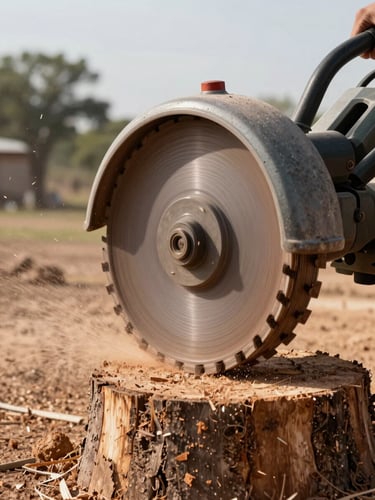Close-up of a commercial stump grinder's cutting wheel mid-operation, grinding teeth visible with fresh wood chips spraying, natural morning light illuminating the machine against a clay-heavy Texas yard in the background