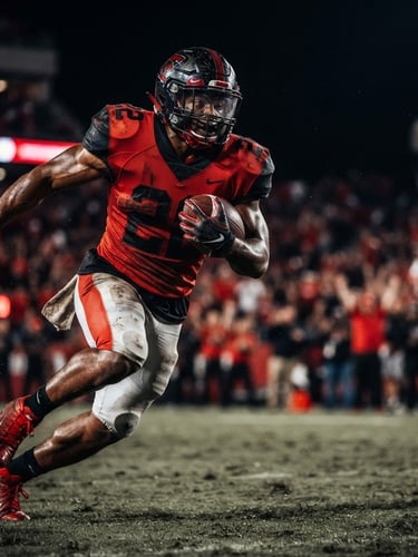 A dynamic shot of a football player in mid-action, sharp and high-contrast, stadium lighting, deep black and vibrant red tones, crisp details, 35mm, bleeding to the right edge of the frame.