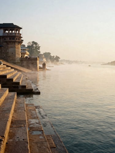 A serene vertical shot of the Ganges River at dawn, soft morning mist rising from the water, ancient stone ghat steps on the left, warm golden-hour light, 35mm photography.