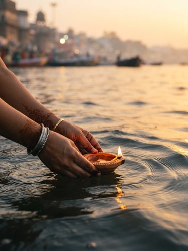A close-up of hands gently releasing a traditional clay diya with a small flame into the softly flowing waters of the Ganges River at dawn, warm golden light reflecting on the ripples, shallow depth of field, 35mm photography.