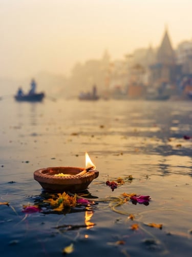 Soft golden-hour morning mist over the Ganges river, a single floating clay diya with a warm glowing flame in the foreground, shallow depth of field, 35mm