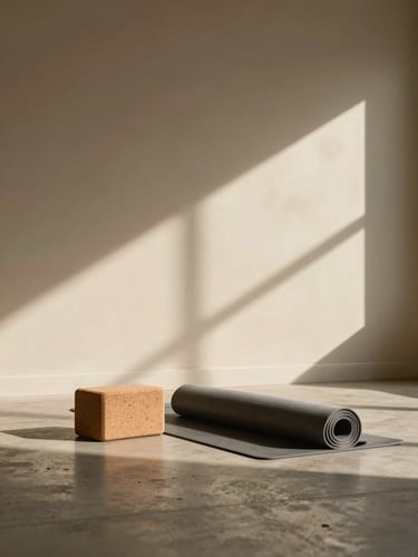Warm diffused light in a minimalist yoga studio, soft shadows on a beige wall, a single cork block and rolled mat on a polished concrete floor.