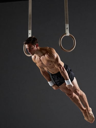 Dynamic side-lit shot of an athlete suspended on gymnastic rings, highlighting intense muscular stabilization and perfect joint alignment against a dark minimalist studio background.
