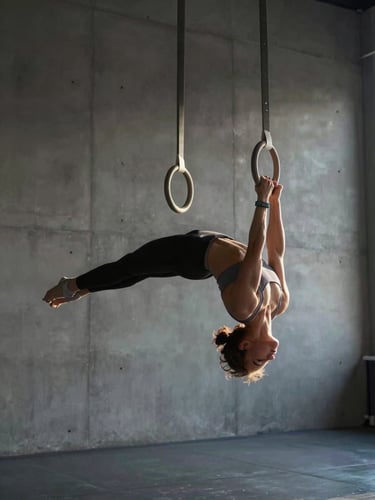 Dynamic side-lighting highlights the precise alignment of an athlete suspended on gymnastic rings, high-contrast natural light, minimalist concrete studio background.
