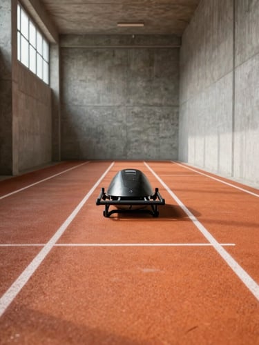 Dynamic off-center shot of a concrete-walled studio with an orange turf track, a weighted sled sitting on the line, high-contrast natural light streaming from high windows, no machines.