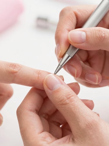 Extreme close-up of a nail stylist gently refining a cuticle with professional tools, soft pink studio lighting, clean hands, focus on precision.