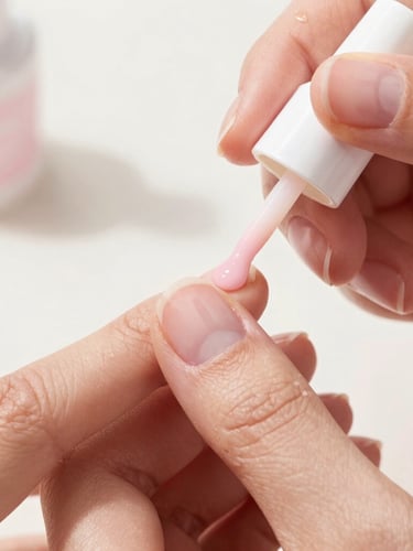 Macro shot of a nail technician carefully applying a layer of soft pink BIAB gel to a clean, perfectly manicured nail, warm natural daylight, editorial beauty photography style