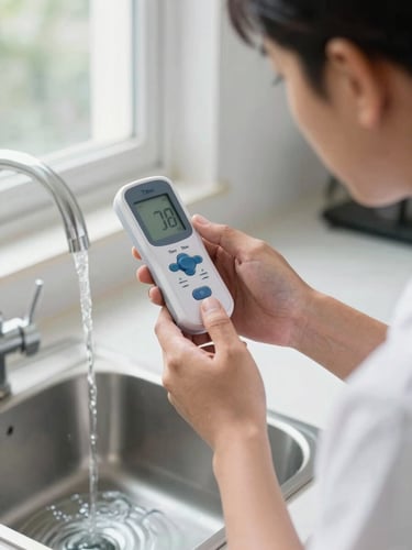 A professional technician testing water TDS levels with a digital meter in a bright Gurugram kitchen, natural window light, sharp focus on hands and meter, 35mm editorial photography, portrait crop