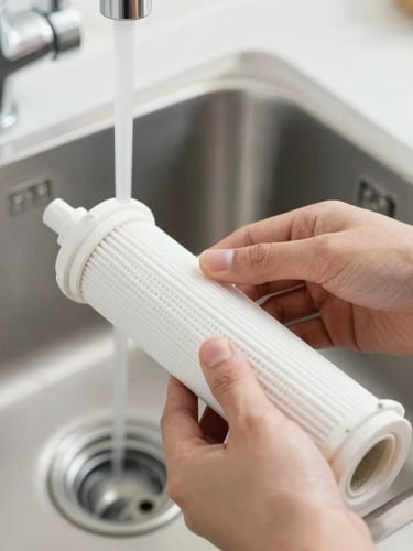 A close-up of hands installing a clean RO membrane filter under a kitchen sink, bright natural light, sharp focus on technical details, 35mm