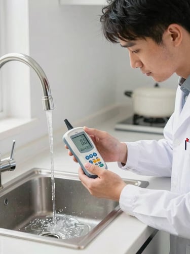 A certified technician in a crisp uniform measuring TDS levels of kitchen water with a digital meter, bright natural light, sharp focus on technical details, 35mm.