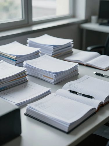 Wide panoramic view of an organized accounting office desk, neat stacks of documents and open ledgers under cool north-facing window light, no people visible, clean surface, pens and folders arranged with precision