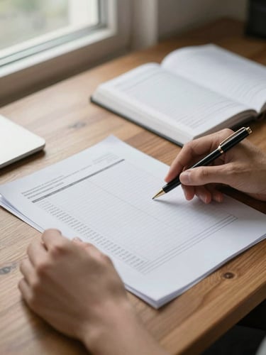 Close-up of hands carefully reviewing printed accounting documents on a wooden desk, a pen resting on an open ledger, natural daylight from a side window casting soft even light across the papers, no faces visible