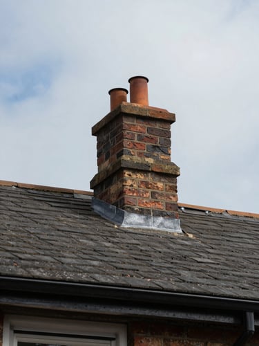 Wide environmental shot from ground level looking up at a residential roofline in daylight, chimney stack centered in the upper third, aged brick mortar visible in sharp detail, overcast natural light, no crew, no lifestyle elements — raw working context