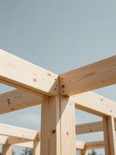 Close-up of clean wood framing joinery in a residential addition, bright natural daylight, geometric lines, desaturated cool tones with warm wood accents.