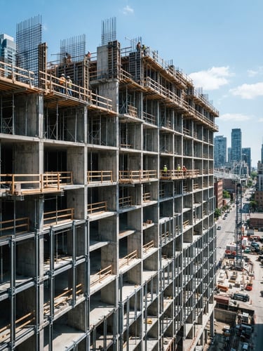 Wide shot of a modern building facade under construction, showing clean concrete forms and steel reinforcement, bright natural daylight, high-contrast shadows.