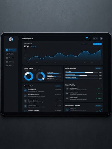 Straight-on flat-lay of a high-fidelity dark mode user interface on a tablet, crisp screen-glow, electric blue accents, clean Swiss typography