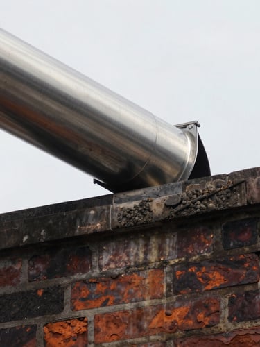 A vertical portrait of a stainless steel chimney liner being precisely lowered into a dark, weathered brick flue. Natural overcast daylight illuminates the metallic ridges of the liner and the textured mortar joints of the chimney crown.
