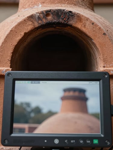 Close-up macro of a high-resolution digital inspection monitor displaying the textured, soot-stained interior of a historic clay tile chimney flue, overcast cold daylight reflecting on the screen.