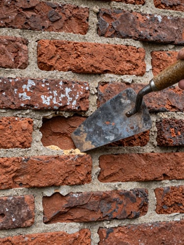 A close-up of weathered historic brickwork with a mason's trowel pointing to a crumbling lime mortar joint, overcast natural daylight revealing raw textures.