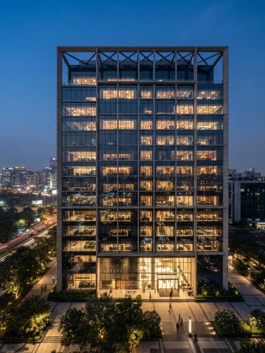Wide shot of a modern, structured office building in Gurugram at dusk, clean lines, reflecting city lights, emphasizing legal security and corporate presence. professional editorial photography, bright natural office light, cool corporate tones with warm wood accents, shallow depth of field, 35mm lens