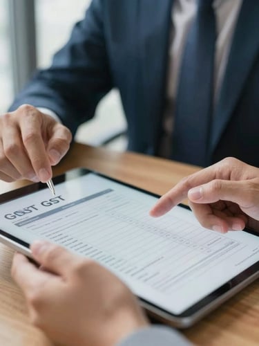 Close-up of hands reviewing GST reconciliation documents on a tablet, with a focused professional in the background, bright natural office light, cool corporate tones with warm wood accents, shallow depth of field, 35mm lens.