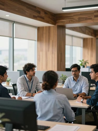 Modern, brightly lit collaborative workspace in Gurugram, India, with professionals in discussion, natural office light, cool corporate tones with warm wood accents, shallow depth of field, 35mm lens, portrait aspect.