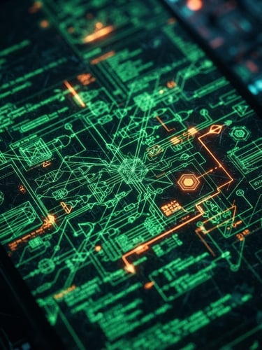 Extreme macro shot of a high-refresh-rate mobile screen displaying dense green wireframe code schematics, dark cybernetic background, glowing neon orange accents, moody tech photography.