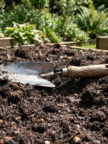 Eye-level medium-close shot of a heavy-duty steel garden trowel resting on dark rich soil, bright natural daylight, clear sharp shadows, realistic textures