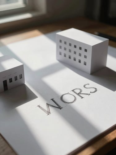 Cinematic close-up of heavy-stock paper with hand-drawn capital architecture models, soft natural window light casting deep geometric shadows, minimal aesthetic.