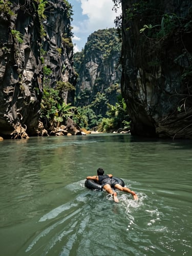 Environmental medium shot of a person floating on a rubber tire down the Nam Song river in Vang Vieng, towering karst cliffs on either side, dappled afternoon light on the green water, jungle vegetation overhanging from the banks