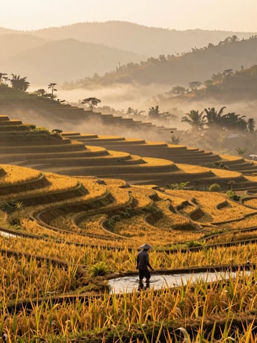 Wide environmental shot of golden rice terraces in Laos countryside at dawn, a lone farmer wading in the lower field, warm golden-hour sidelight, low mist between rows, horizon of hills in soft focus