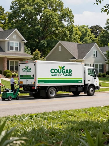 Branded COUGAR LAWN AND GARDEN LLC truck parked on a pristine residential street in Columbus, team members in clean uniforms working with professional-grade equipment, bright morning light, sharp focus, 35mm
