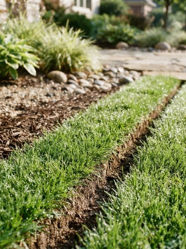 Sharp close-up of freshly edged turf, dew on grass, bright morning light, 35mm, high-end residential landscaping, Columbus, Ohio