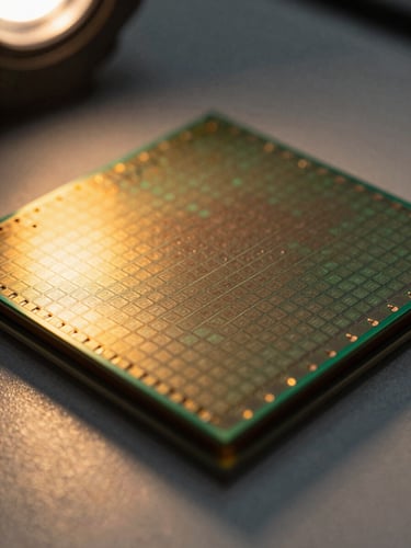 Extreme close-up macro photography of a silicon wafer micro-component under high-contrast cleanroom amber safety light.