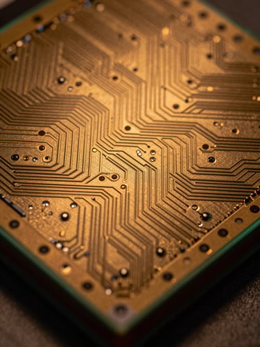 Extreme macro photography of a silicon wafer under amber cleanroom safety light, showing sub-micron circuit paths and precise geometric CAD-like lines, high contrast shadow.