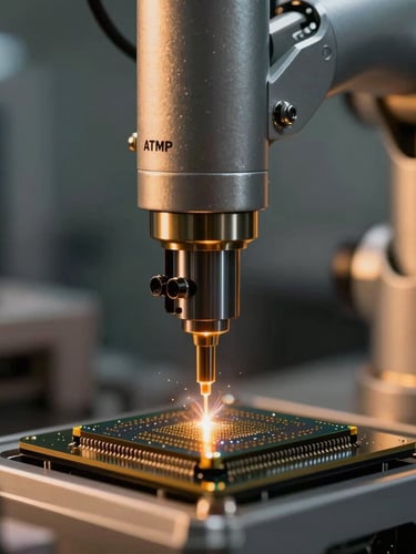 Extreme close-up of a robotic ATMP wire bonding arm working on a silicon die, dramatic amber safety lighting, high contrast