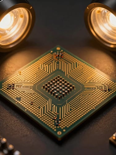 A high-fidelity technical schematic of an air-gapped silicon processor layout, illuminated by sharp amber cleanroom safety lighting against a dark background, showcasing precise sub-micron architecture paths.