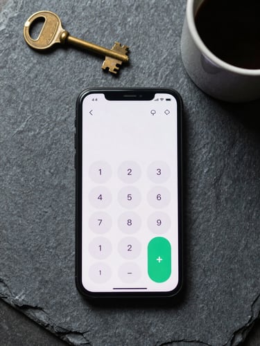 Top-down flat lay of a modern Android phone displaying a minimalist calculator interface, sitting next to a brass key and a ceramic mug on a matte slate desk, soft overcast daylight.